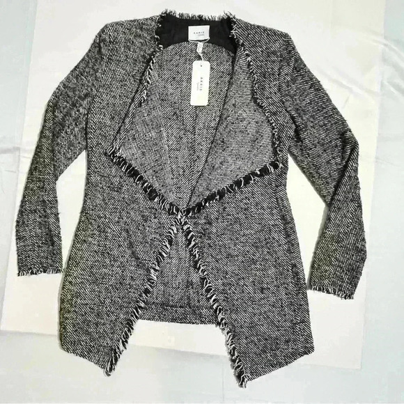 NWT AKRIS Punto Black & White Tweed Fringed Waterfall Front Open Jacket 6 $1490 - Picture 12 of 16
